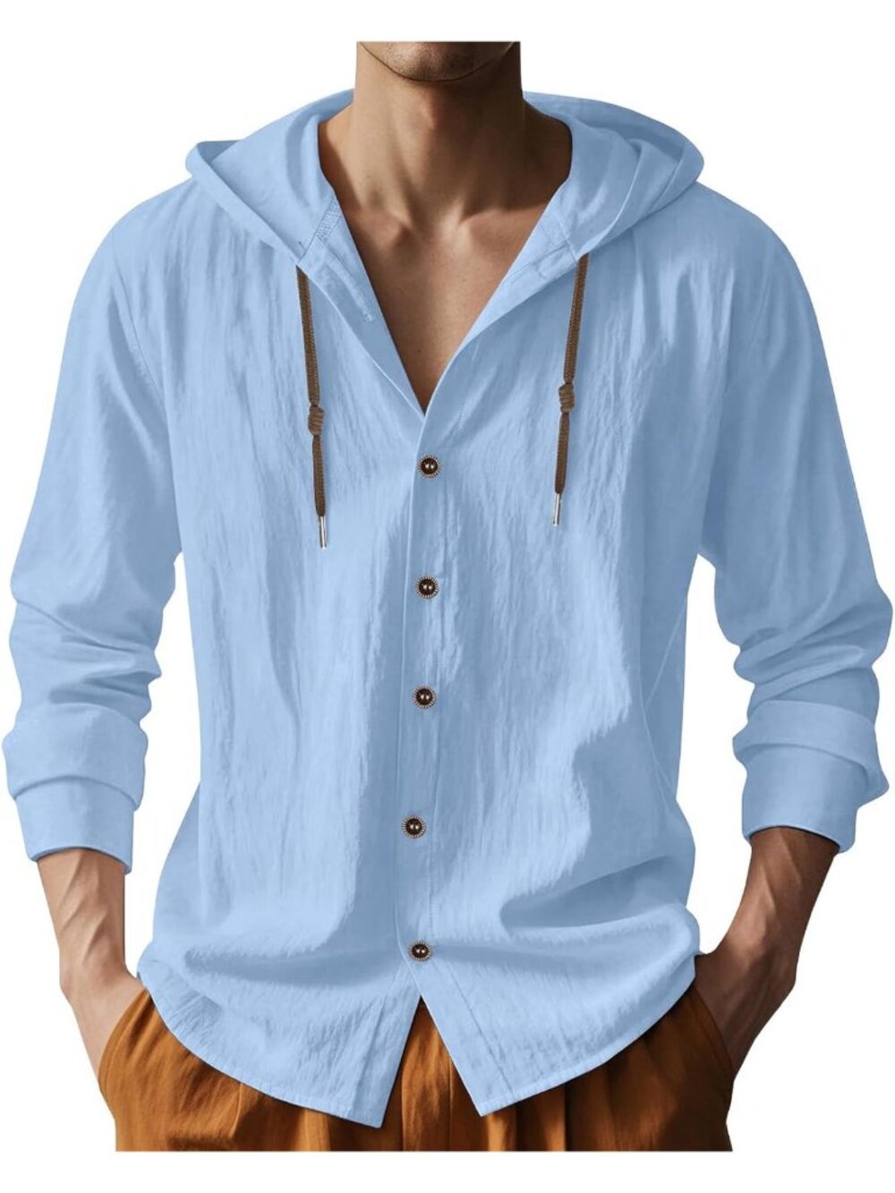 Men's Light Blue Cotton Linen Long Sleeve Casual Lightweight Button Down Hoodie